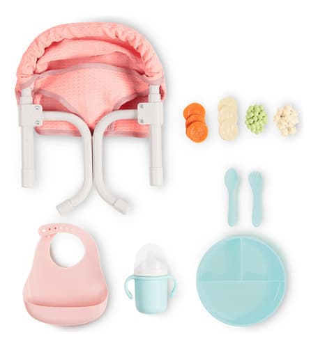 Silla De Comer Con Clip Y Accesorios Muñeca Bebote Lullababy (Baby Doll Clip On Table Seat Feeding Set)